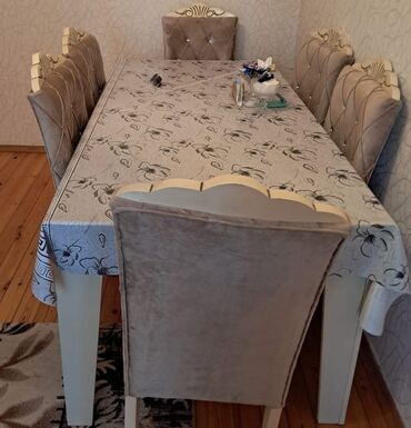 Masalar: Qonaq otağı üçün, İşlənmiş, Açılan, Dördbucaq masa, 6 stul