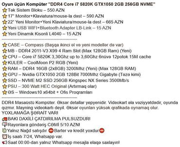 Masaüstü kompüterlər və iş stansiyaları: Oyun üçün Kompüter "DDR4 Core i7 5820K GTX1050 2GB 256GB NVME” ⭐Tək — 2
