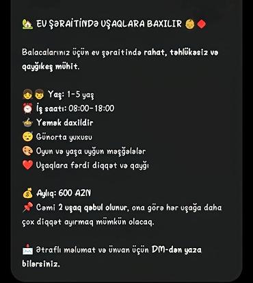 dayə iş elanları 2026: Ev şəraitində uşaqlara baxılır – rahat, təhlükəsiz və qayğıkeş mühit — 1