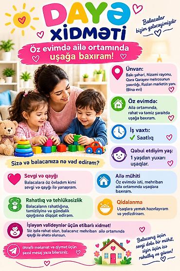 daye xirdalan: Dayə xidməti – öz evimdə ailə mühitində uşaq baxımı Ünvan: Bakı — 1