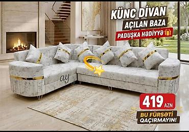 ev stullari: Künc divan – açılan baza ilə - Şık, işıqlı boz rəngli parça üzlük — 1