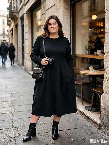 velika mega: Ženska midi haljina sa dugim rukavima – plus size kroj - Silueta — 1