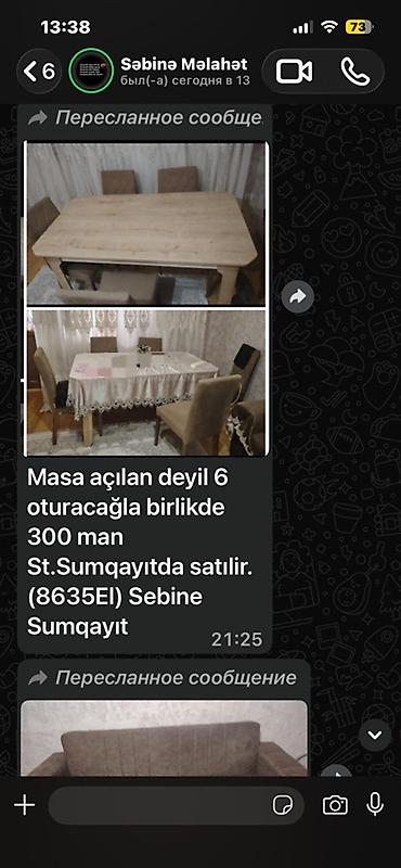 saatların satışı: - Yemək masası və 6 ədəd oturacaq dəsti. Masa açılan deyil. Yüngül — 1