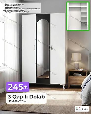 Mebel: 3 qapılı paltar dolabı – 47×200×120 sm - Ölçülər: Dərinlik 47 sm — 1