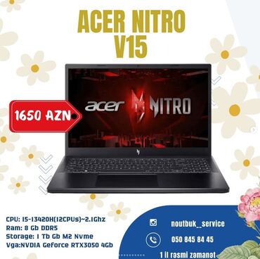 noutbuk: Yeni Acer Nitro, 15.6 ", Intel Core i5, 1 TB, Pulsuz çatdırılma, Ödənişli çatdırılma, Ünvandan götürmə