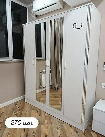 Ev üçün mebel: Ağ rəngli 4 qapılı şkaf – G_1 modeli - Zərif, minimal dizayn; ön — 1