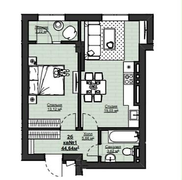 1 комната, 44 м², Асанбай мкр Элитка, 12 этаж, ПСО (под самоотделку)