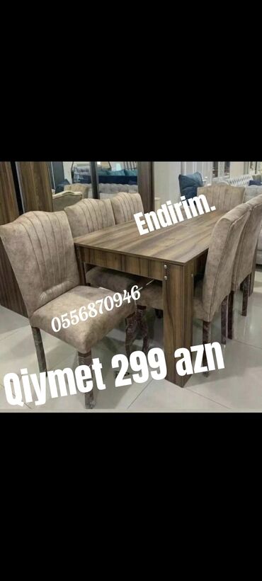 Masa və oturacaq dəstləri: Qonaq otağı üçün, Yeni, Açılmayan, Dördbucaq masa, 6 stul — 8