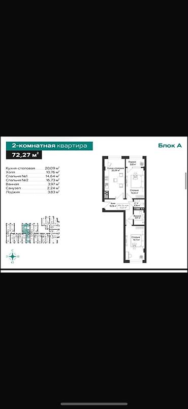 санузель: 2 комнаты, 72 м², Элитка, 9 этаж, ПСО (под самоотделку) — 3