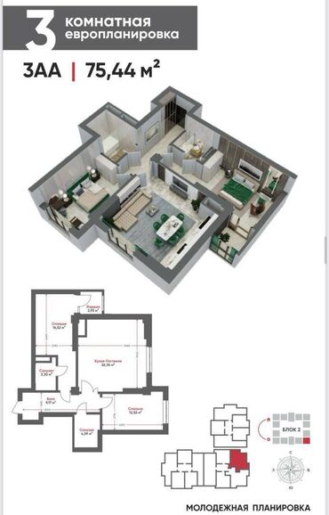 Продажа квартир: 3 комнаты, 76 м², Элитка, 13 этаж, ПСО (под самоотделку)