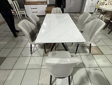 Кухонные столы: Обеденный стол с керамической столешницей под белый мрамор - — 1