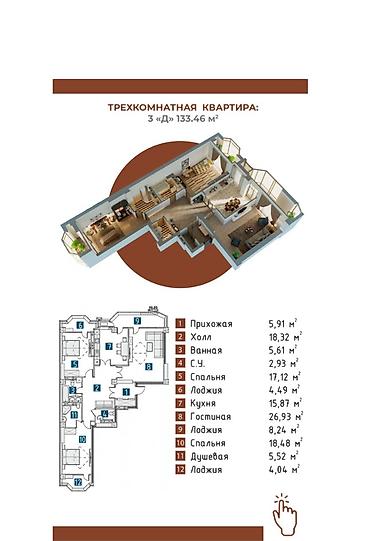 46: 3 комнаты, 133 м², Ак-Кеме Элитка, 13 этаж, ПСО (под самоотделку) — 4
