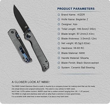 Охотничьи ножи: Складной нож Kizer Begleiter 2 сталь N690, Black Stonewashed, рукоять — 3