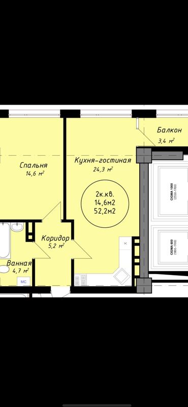 Продажа квартир: 2 комнаты, 52 м², Индивидуалка, 12 этаж, ПСО (под самоотделку)