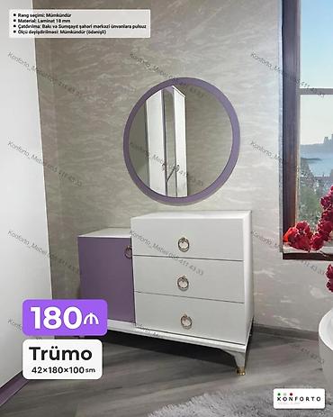 Ev və bağ: Trümo – 42×180×100 sm - Dizayn: Dairəvi güzgü, üç çekmece və yan — 1