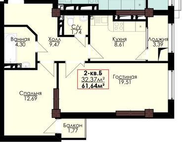 жк ак марал 2: 2 комнаты, 61 м², Индивидуалка, 4 этаж, ПСО (под самоотделку)