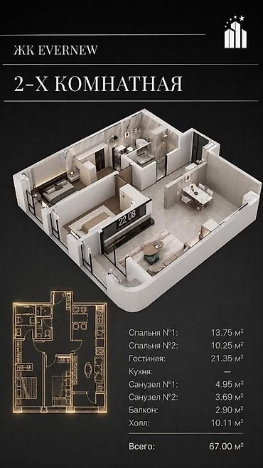 2 комнаты, 67 м², Южная Магистраль Элитка, 15 этаж, ПСО (под самоотделку)