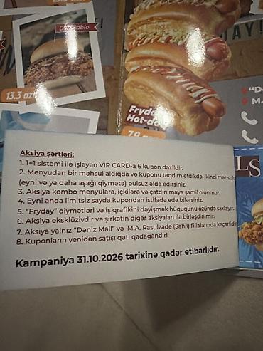 Restoran, kafe avadanlığı: FRYDAY VIP Card – 1+1 kupon paketi Məhsul/təklif: - FRYDAY — 1