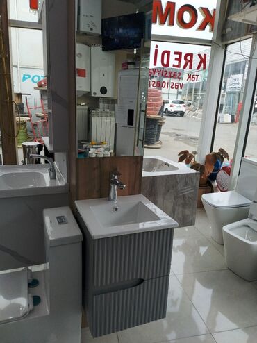 duş desti: Hamam üçün lavabo mebeli dəsti - Dizayn: Şaquli rellefli, boz rəngli