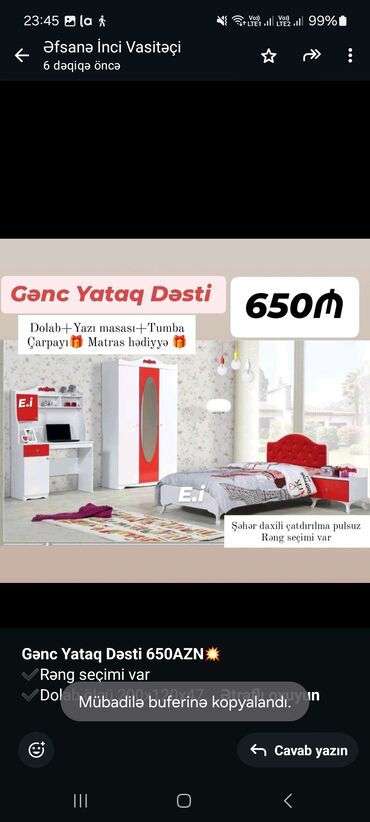 vyana yataq desti: *Gənc Yataq Dəsti 650AZN💥* ✔️Rəng seçimi var ✔️Dolab ölçü 200x120x47