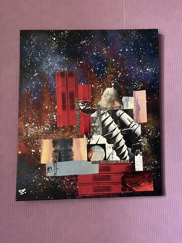 Şəkillər, tablolar: Abstract rəsm, əl işi. Mixed media: akril, kollaj