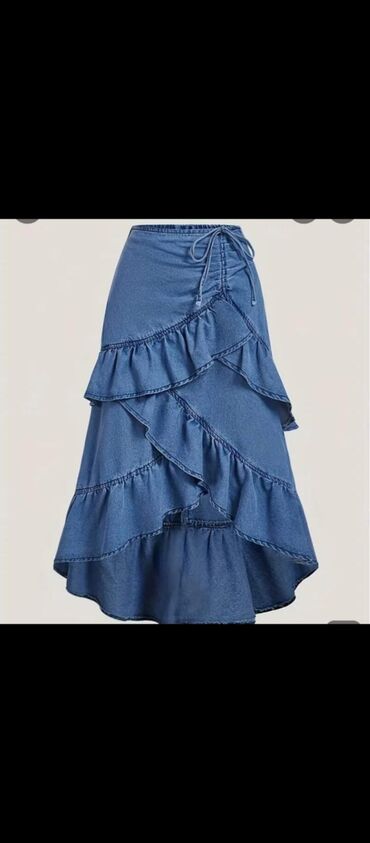 женские джинсовые юбки на пуговицах: Mavi cins ətək – qat-qat volanlı dizayn - Material: cins/parça