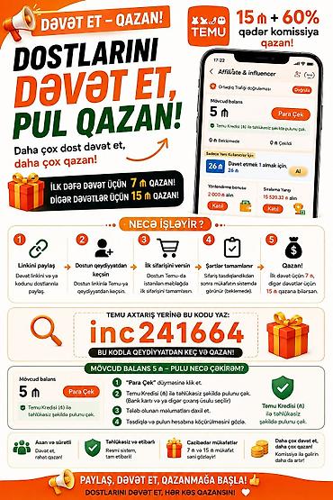 cəlilabad telefon: Xidmət: TEMU Referal/Affiliate proqramı – dostlarını dəvət et, qazan! — 1