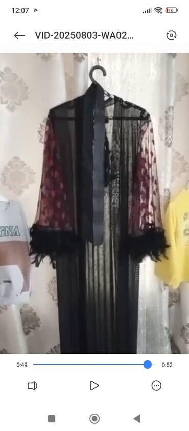 оборудование для нижнего белья: Полупрозрачный длинный пеньюар/кимоно из черного шифона (сетчатая