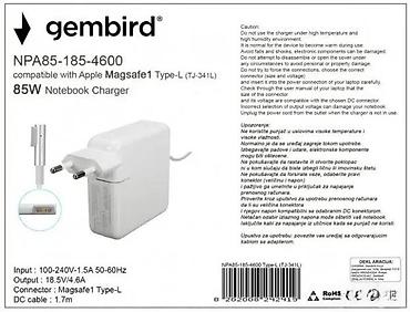 Adapteri i punjači za laptop: Gembird NPA85-185-4600 – punjač za laptop, kompatibilan sa Apple — 1