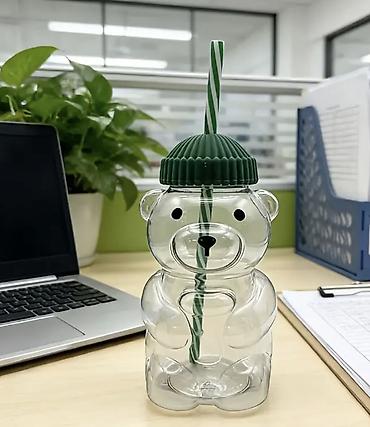 nerj su cəni: Məhsul: Ayıcıq formalı içki qabı və pipet - Şəffaf, ayıcıq dizaynlı — 1