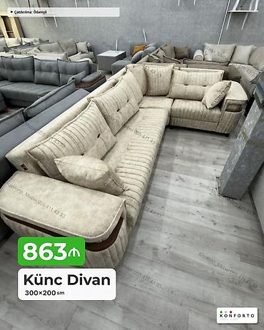 Диваны: Künc Divan – 300×200 sm - Yumşaq bej rəngli parça üzlük, zolaqlı — 1