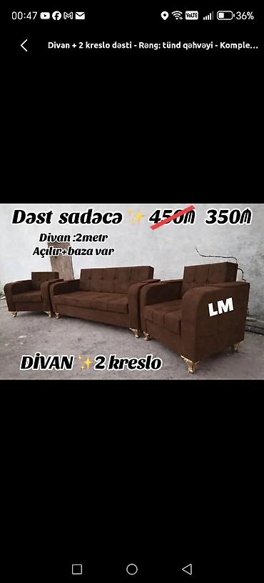 Divan + 2 kreslo dəsti - Rəng: tünd qəhvəyi - Komplekt: 1 divan + 2 lalafo.az -da Divan + 2 kreslo dəsti - Rəng: tünd qəhvəyi - Komplekt: 1 divan + 2