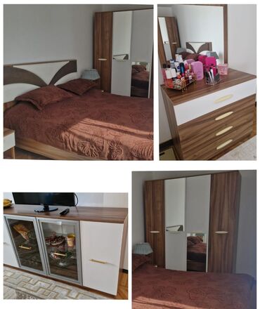 спальная кровать: 2 односпальные кровати, Шкаф, Трюмо, 2 тумбы, Б/у