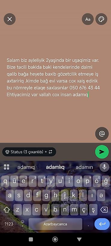 bağ evinə baxıcı: Bağ evi/heyət üçün daimi baxıcı–gözətçi xidməti. Ailəvi şəkildə — 1