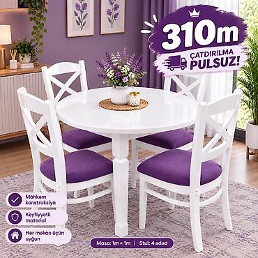 Ağ rəngli yemək otağı dəsti – dairəvi masa və 4 ədəd stul - Masa