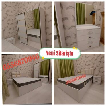Divanlar: Ağ rəngli, müasir üslubda yataq dəsti, yataq, komod və güzgü, iki