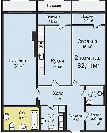 15: 2 комнаты, 82 м², Технопарк Элитка, 15 этаж, ПСО (под самоотделку) — 1