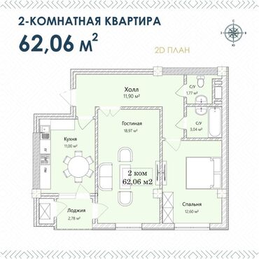Продажа квартир: 2 комнаты, 63 м², Элитка, 9 этаж, ПСО (под самоотделку)