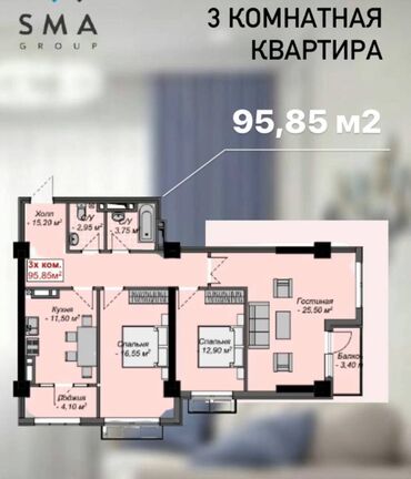 рабочий городок аренда квартир: 3 бөлмө, 95 кв. м, Элитка, 8 кабат, ПСО (өзү оңдоп түзөтүп бүтүү үчүн)