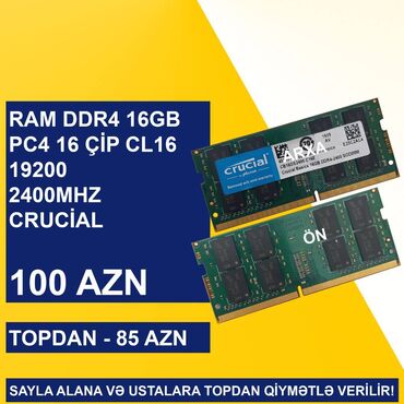 Kompüter ehtiyyat hissələri: Operativ yaddaş (RAM) Crucial, 16 GB, 2400 Mhz, DDR4, Noutbuk üçün, İşlənmiş