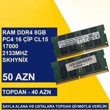Monitorlar: Operativ yaddaş (RAM) Hynix, 8 GB, 2133 Mhz, DDR4, Noutbuk üçün, İşlənmiş