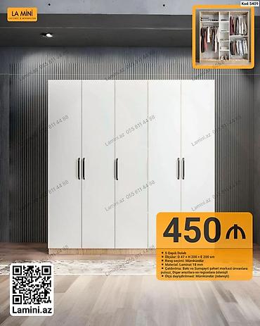 Dolablar: 5 qapılı dolab. Ölçüləri: dərinlik 47 sm, hündürlük 200 sm, en 200 — 1