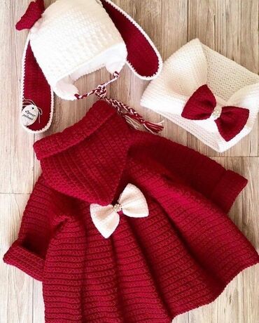 Dəstlər: Qırmızı-ağ rəng palitrasında əl ilə toxunmuş körpə geyim dəstləri - — 8