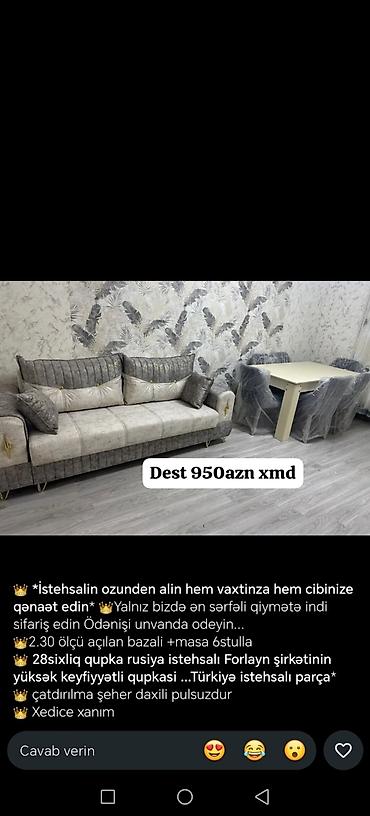 Dəst: 2.30 m ölçüdə açılan bazalı divan + masa + 6 stul - Divan: 2.30