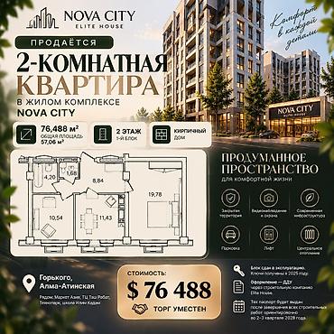 нотариус заря: 2 комнаты, 57 м², Элитка, 2 этаж, ПСО (под самоотделку) — 1