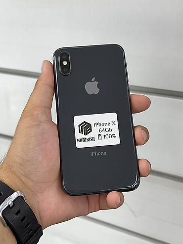IPhone X, Б/у, 64 ГБ, Черный, Защитное стекло, Чехол, В рассрочку, 100 %