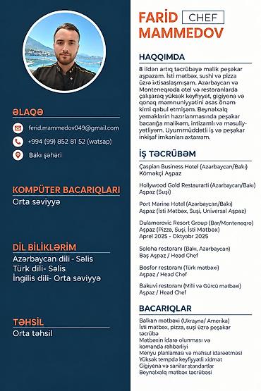 ciftlik isi: Suşi ustası, Kişi, 29 yaş, 5 ildən artıq təcrübə — 2