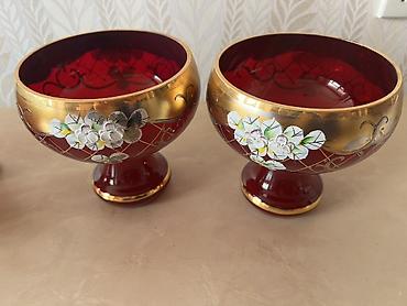 qab dest: Qızılı naxışlı bəzəkli şüşə kupalar (2 ədəd) - Material: qalın şüşə - — 3