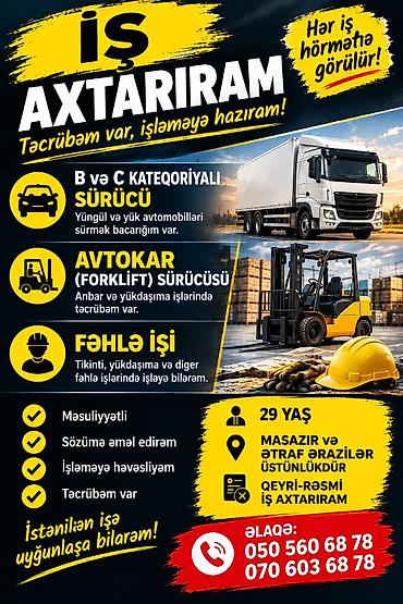 Разнорабочие: İş axtarıram – təcrübəm var, işləməyə hazıram. Aşağıdakı işlər üzrə — 1