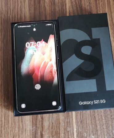 telefon qutuları: Samsung Galaxy S21 5G, 128 GB, rəng - Qara, Barmaq izi, İki sim kartlı, Face ID
